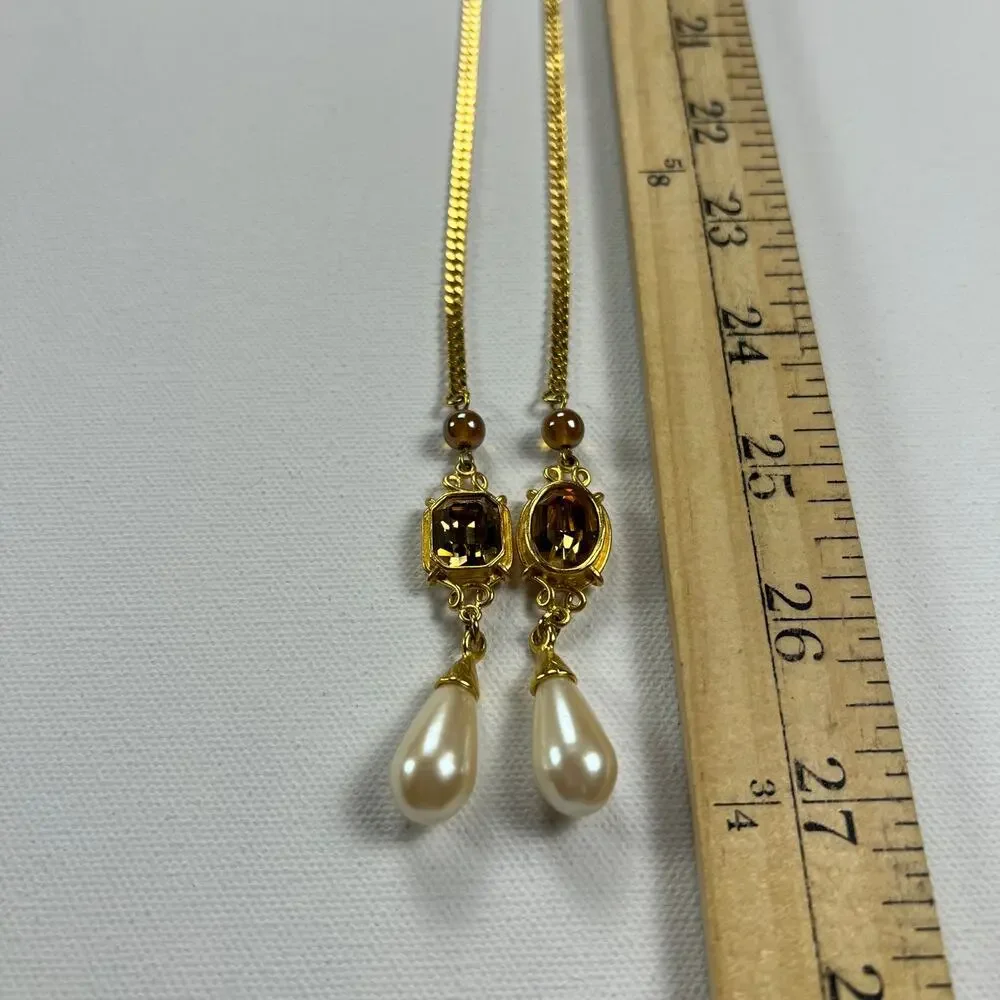 Vintage Gold Tone Lariat Necklace & Clip-On Earring Set Brown Stone Faux Pearl